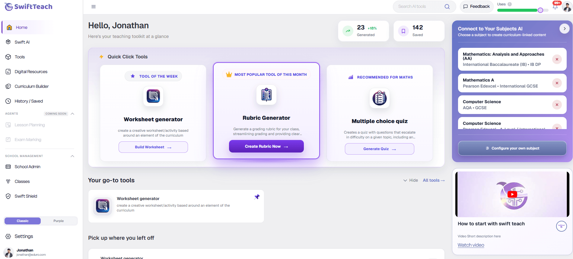 The Swift Teach portal dashboard: quick-click AI tools including the worksheet generator, rubric generator and quiz builder, with curriculum-linked subjects for IB, GCSE and A-Level